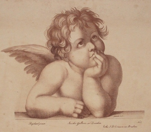 Engel aus Raffaels Sixtinischer Madonna, Lithografie von Anton Gareis, erschienen im Verlag der Kunst- und Buchhandlung J. D. Grüson, um 1820, Sing. NLG 4